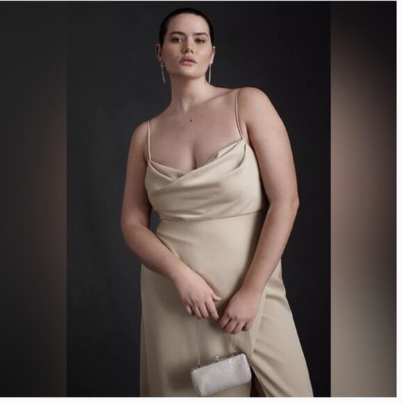 NWT BHLDN Anthropologie Champagne Remy Cowl Neck Faux Wrap Satin Gown 18W - Picture 10 of 10